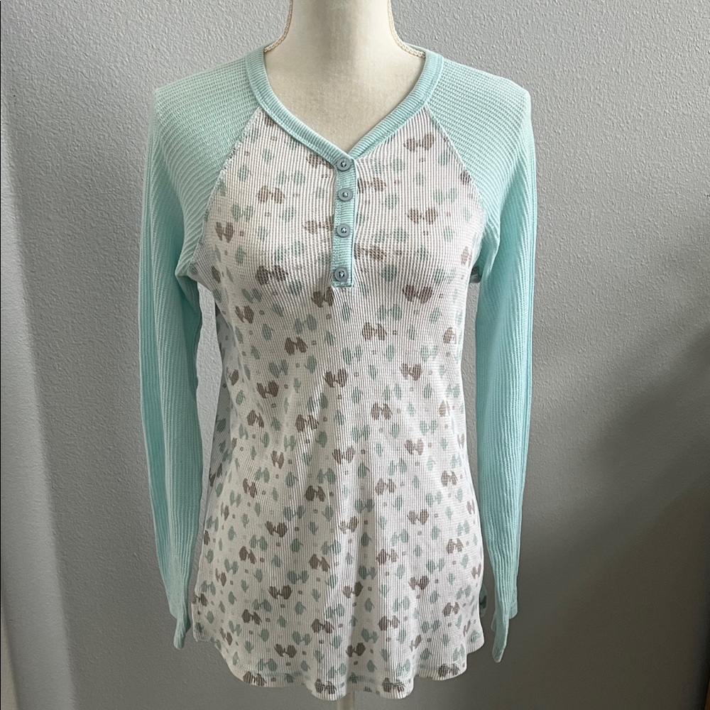 La Vie En Rose Aqua and White Long Sleeve PJ Top